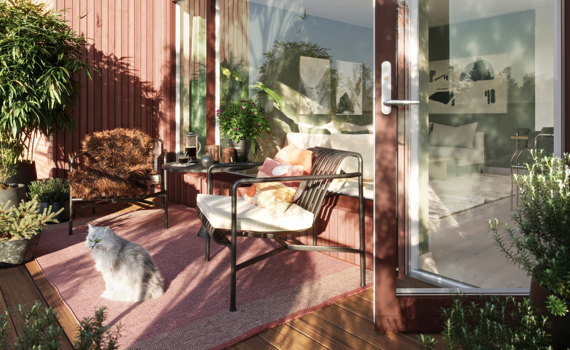 Alle leilighetene har private balkonger - hvor også de firbente beboerne kan nyte utsikten og sola.