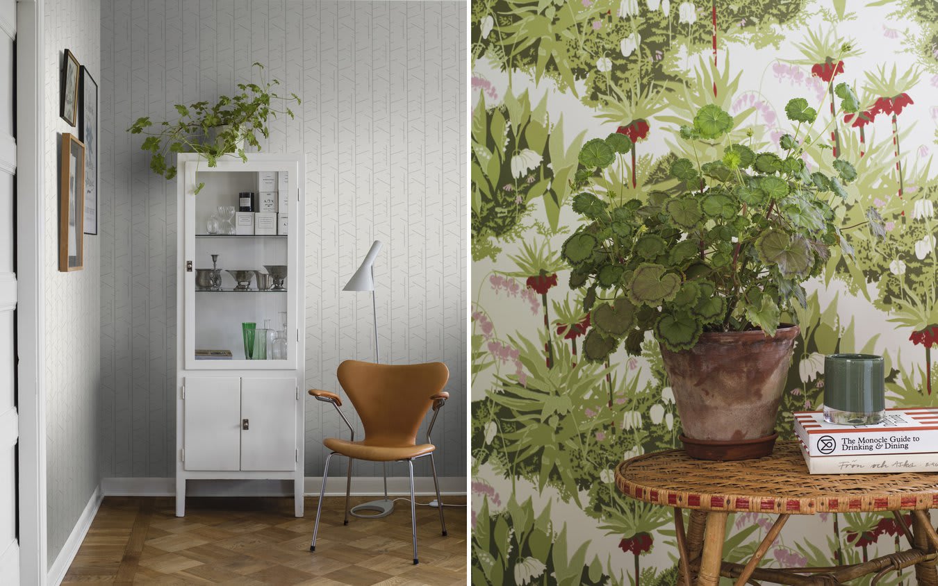 Naturtrenden på två helt olika sätt. Till vänster minimalism med tapeten Tassel och till höger vildvuxna blommor med Kejsarkrona. Foto: Boråstapeter