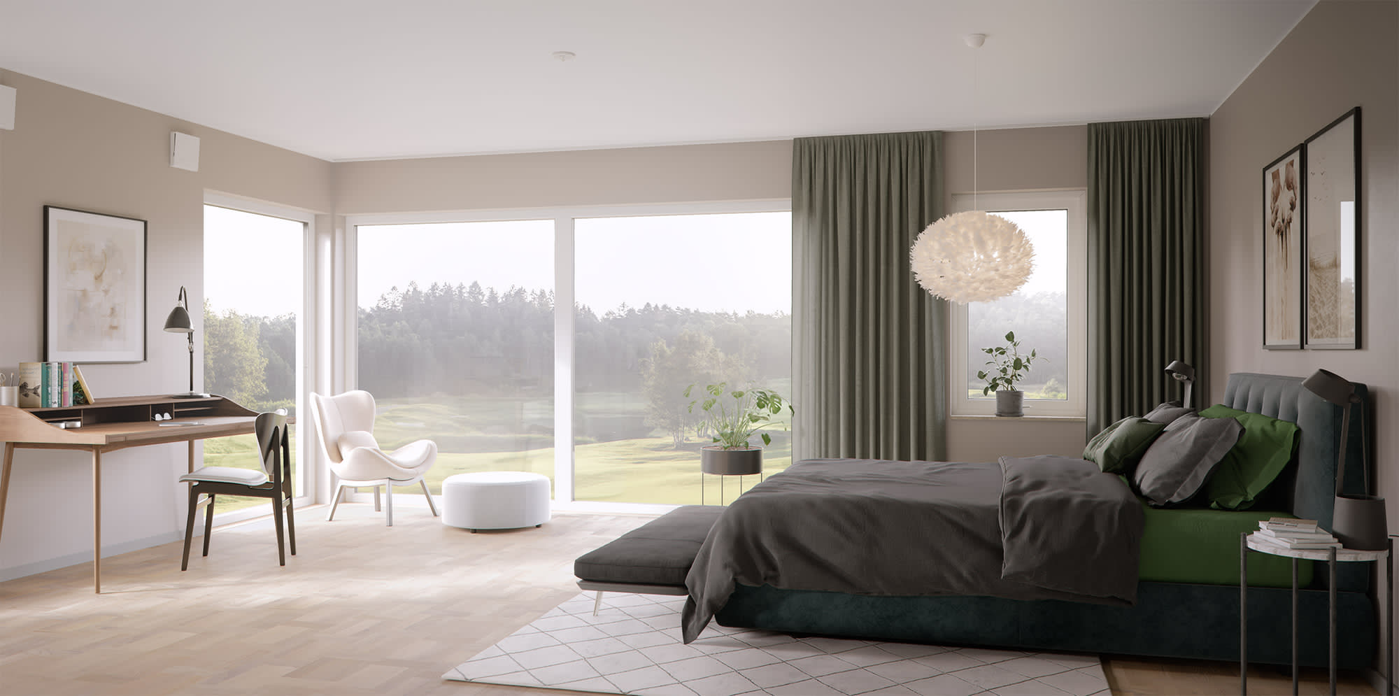 Master bedroom Villa Avenbok 206 kvm, inredningsstil Fjord, illustration