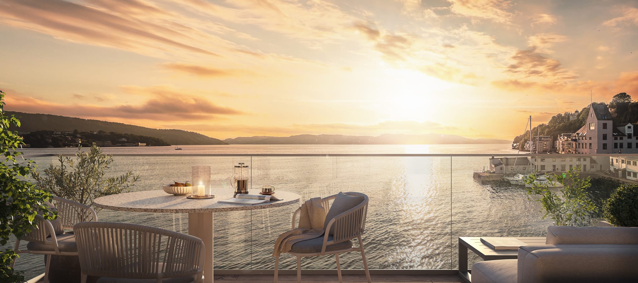 Sjøhusene får store vindusflater og uteplasser med en fantastisk utsikt ut mot Byfjorden