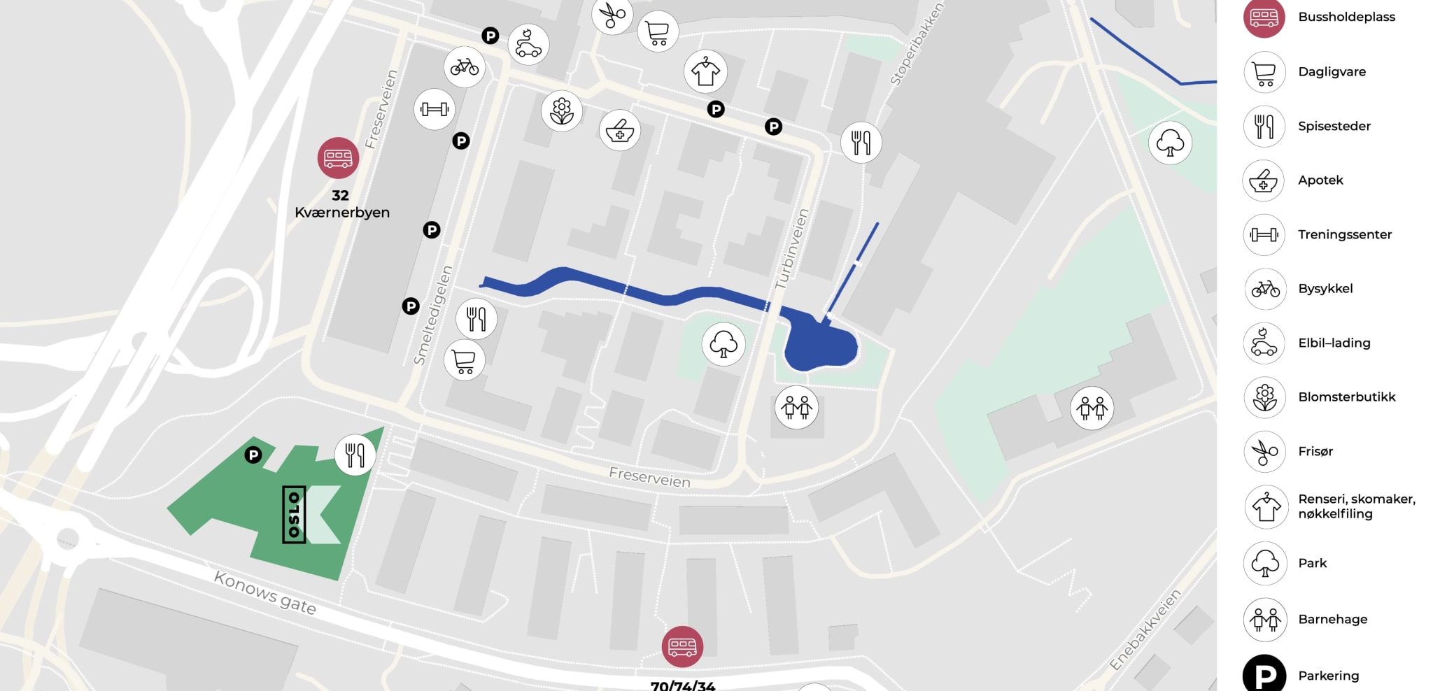 Butikker, kafeer og tjenester er enkelt tilgjengelig i Kværnerbyen. Oslo K ligger på hjørnetomten nederst til venstre i kartet. 