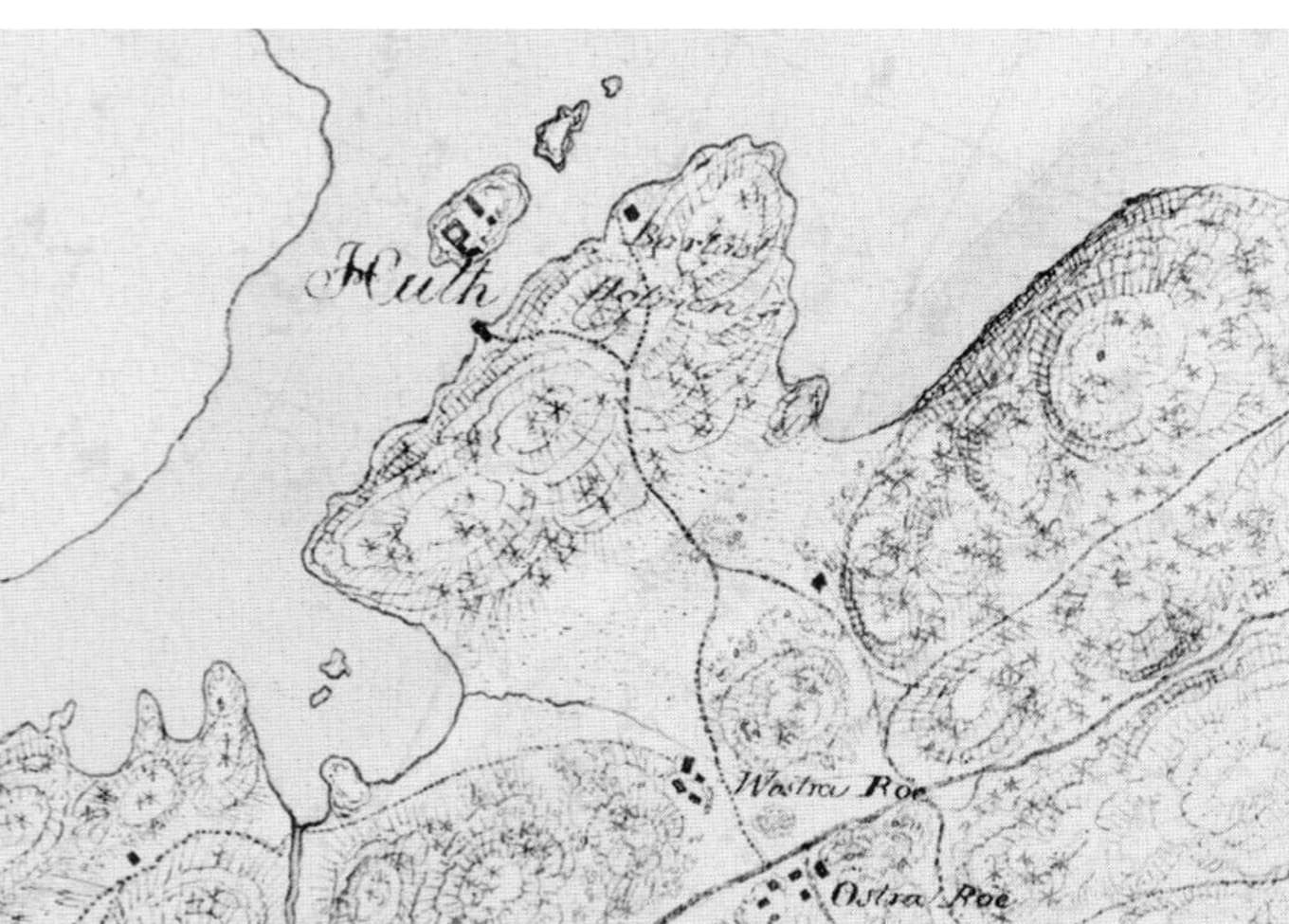 Kart fra tidlig 1800-tallet som viser Huth-holmen og nordre Rødsbukt før utfyllingen av bukta og etableringen av Røds Brug fant sted. Skjermbilde: Fredrikstad Kommune, Carex-bioprint, rapport 2021/2