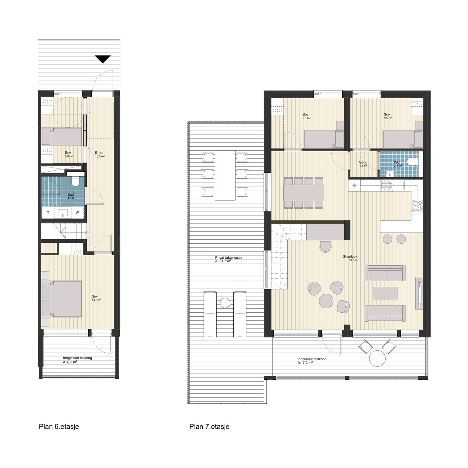 5-roms Townhouse over 2 plan med privat takterrasse, 126 m² (BRA-i)