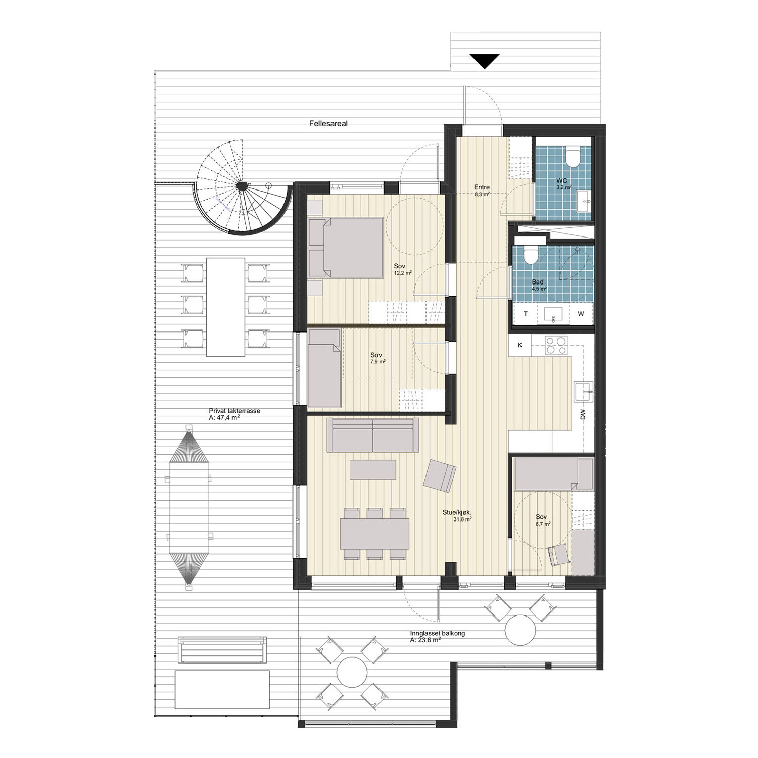 4-roms leilighet med privat takterrasse, 79 m² (BRA-i)