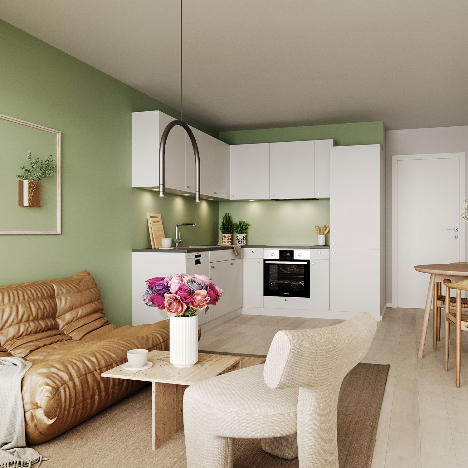 Illustrasjon av stue og kjøkken i 2-roms leilighet. Vi tar forbehold om endringer.