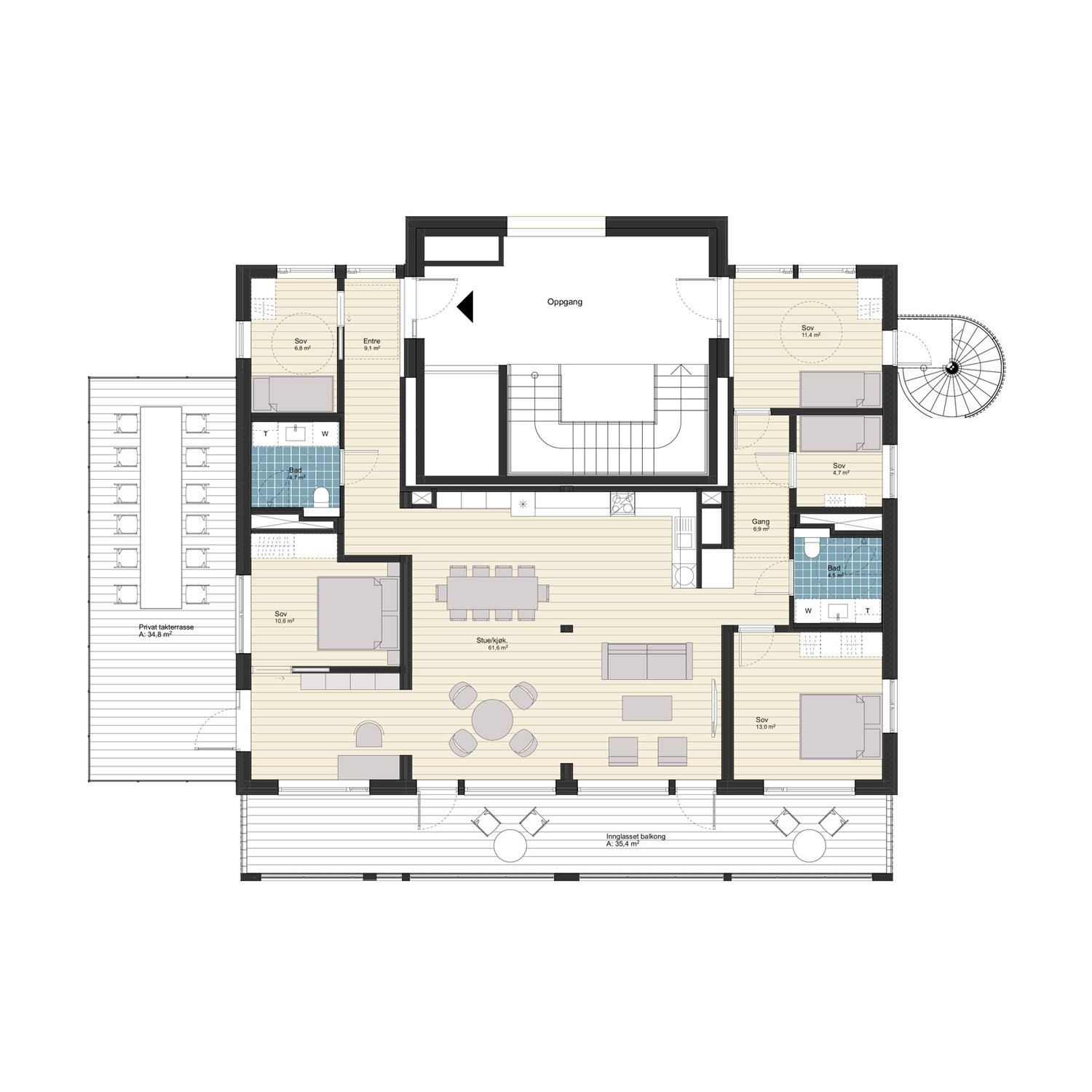 6-roms toppleilighet med privat takterrasse, 144 m² (BRA-i)