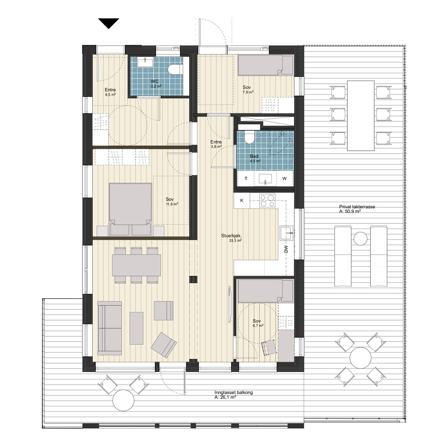 4-roms leilighet med privat takterrasse, 84 m² (BRA-i)