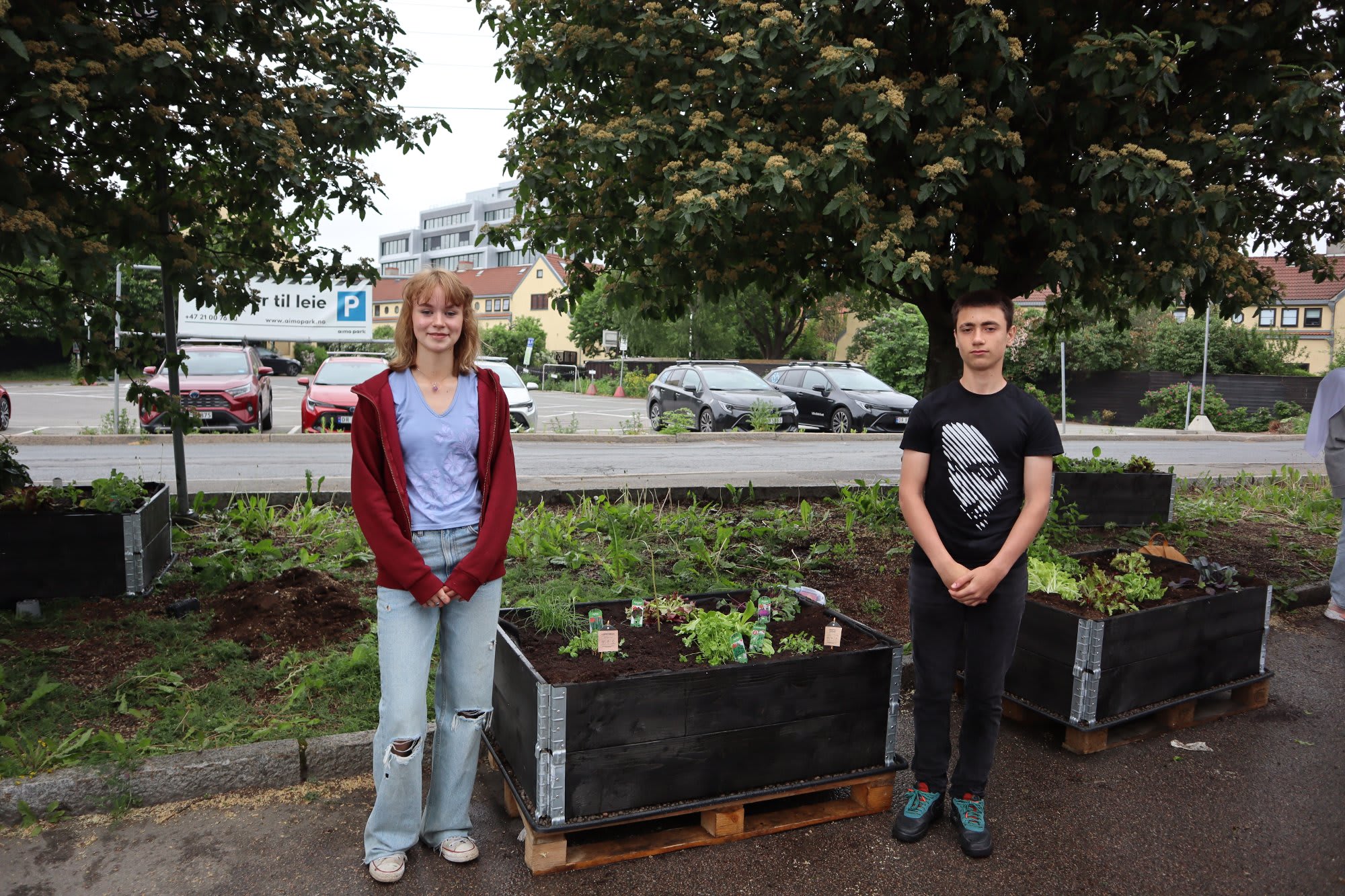 Frida Fjelde-Gløersen og Ilijou Boyaclziev går i 9A på Fyrstikkalleen ungdomsskole og kan snart forsyne seg av selvdyrkede grønnsaker på Helsfyr. Foto: Rim Hjelde Elmofty