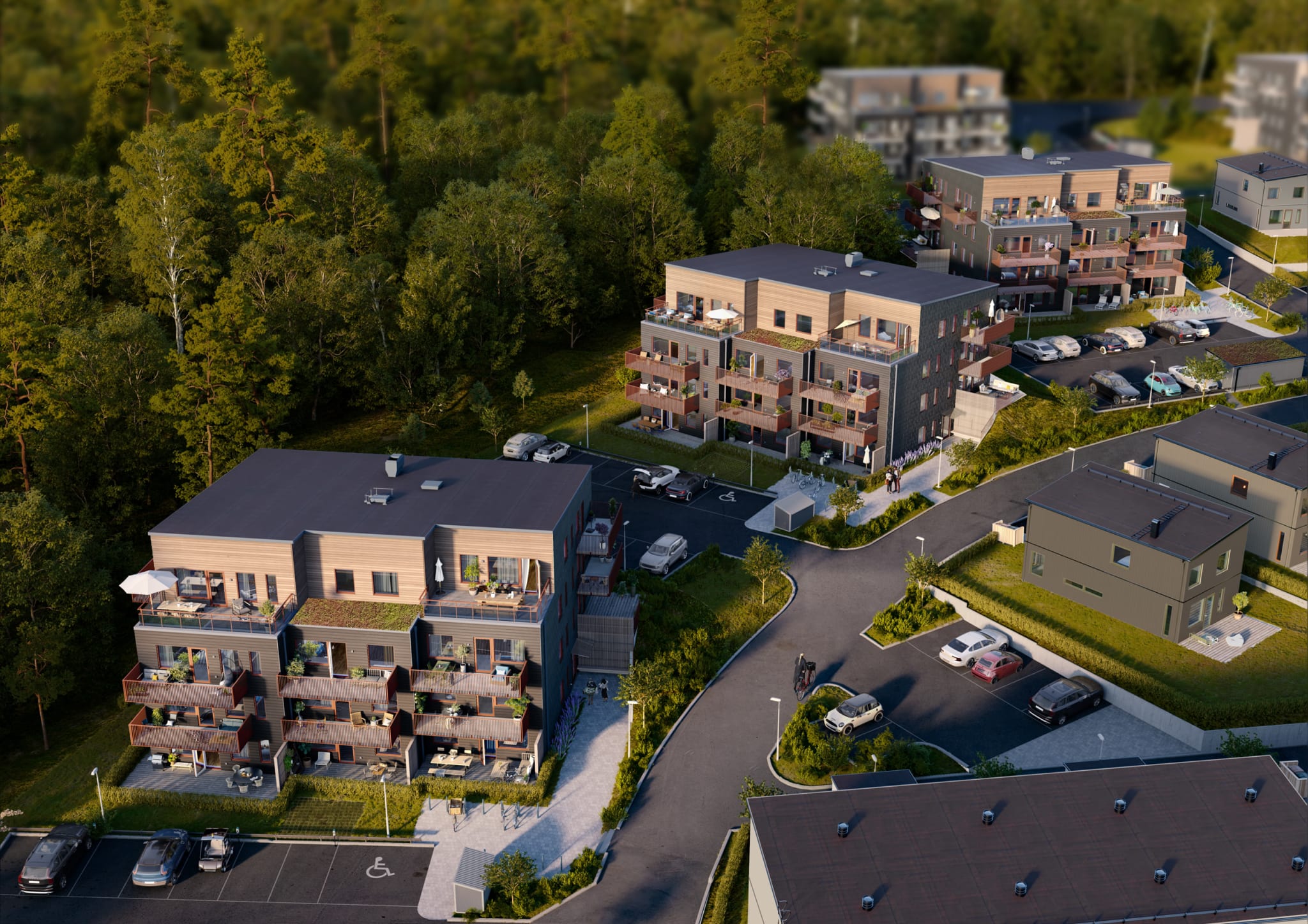 Hills Villastad Flora består av tre hus med vardera 16 härliga lägenheter på 2-4 rok.