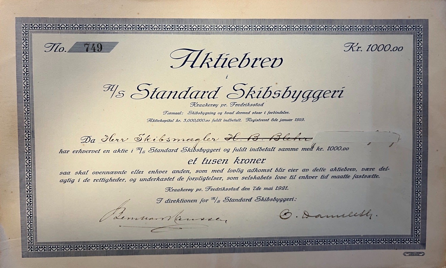 Et aksjebrev fra A/S Standard Skibsbyggeri datert 1921. Kopien eies av Øyvind Stene.